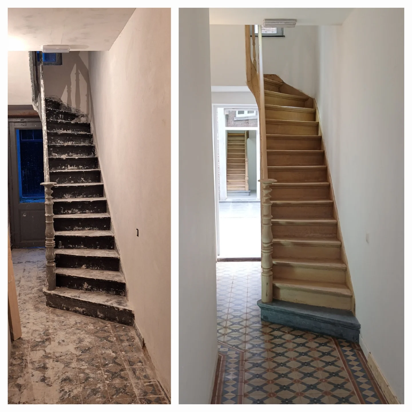 Houten trap gestraald en cementtegels opgescrubt in Luik